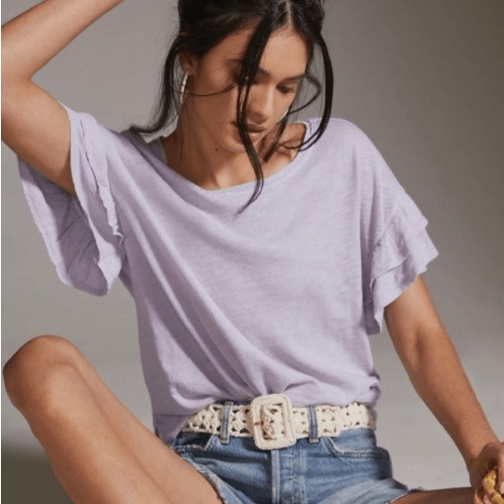 Pilcro X Anthropologie Heritage Femme Ruffle Sleeve Tee Lavender New